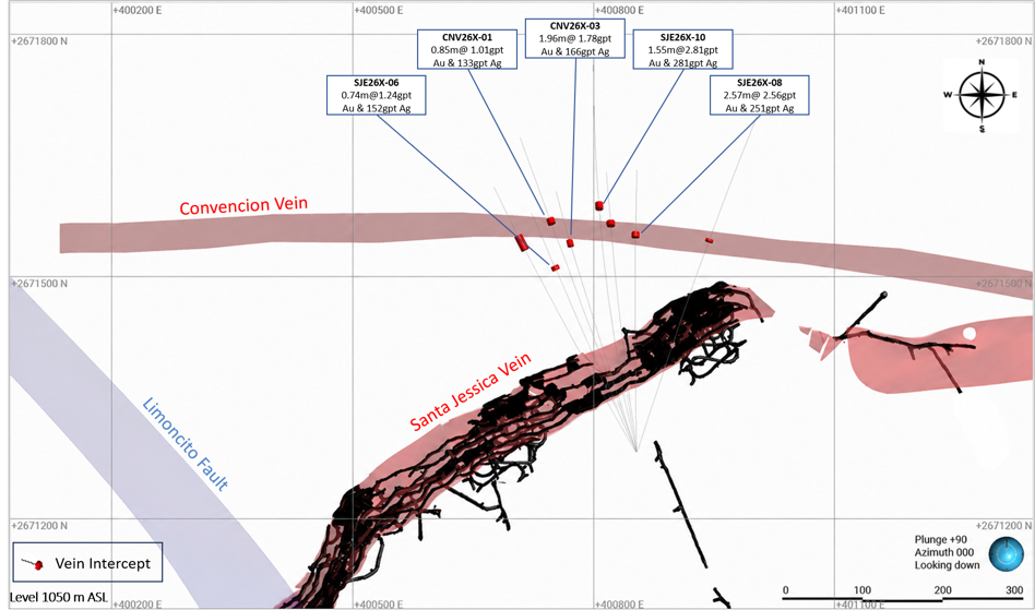 Figure 3: Santa Jessica Vein and New Convención Vein Geologic Interpretation, 1050 Level Plan, Looking Down